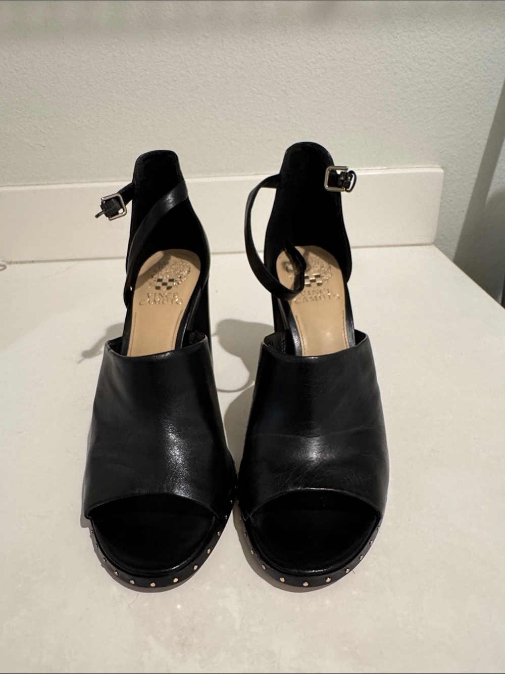 Vince Camuto Black Leather Open-Toe Ankle Strap Heels with Stud Accents